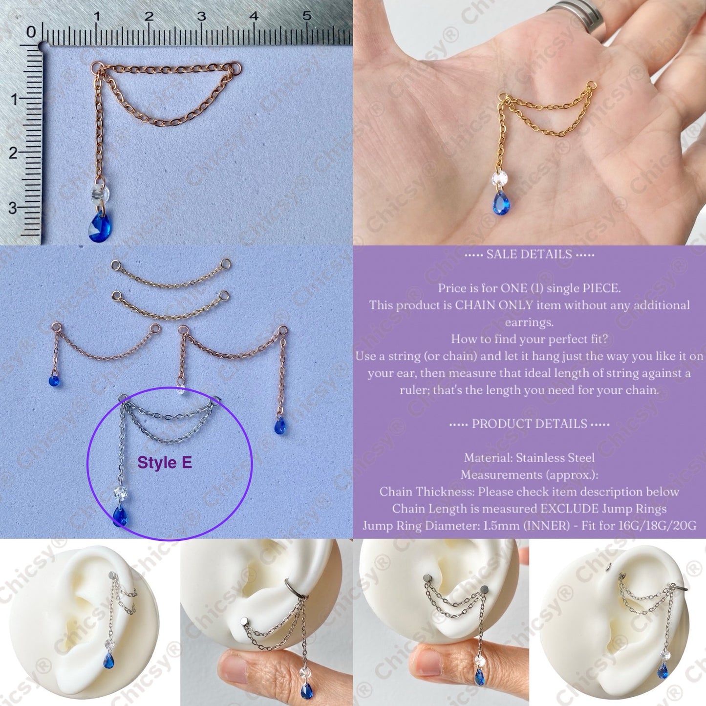 Earring Chain: Single or Double Layer, Optional Dangling Round or Teardrop CZ, White or Blue CZ, Gold or Rose Gold or Steel, Fit 16G 18G 20G