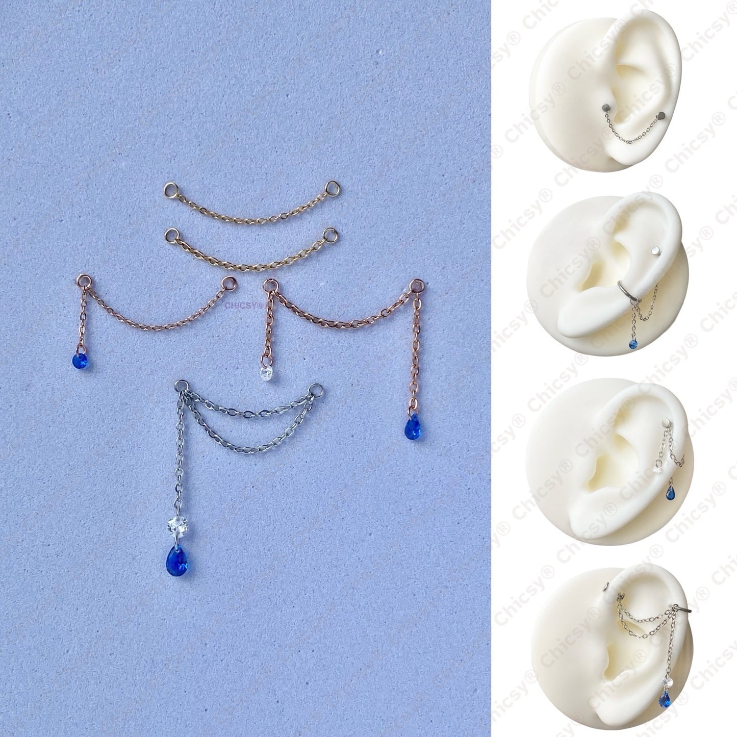 Earring Chain: Single or Double Layer, Optional Dangling Round or Teardrop CZ, White or Blue CZ, Gold or Rose Gold or Steel, Fit 16G 18G 20G