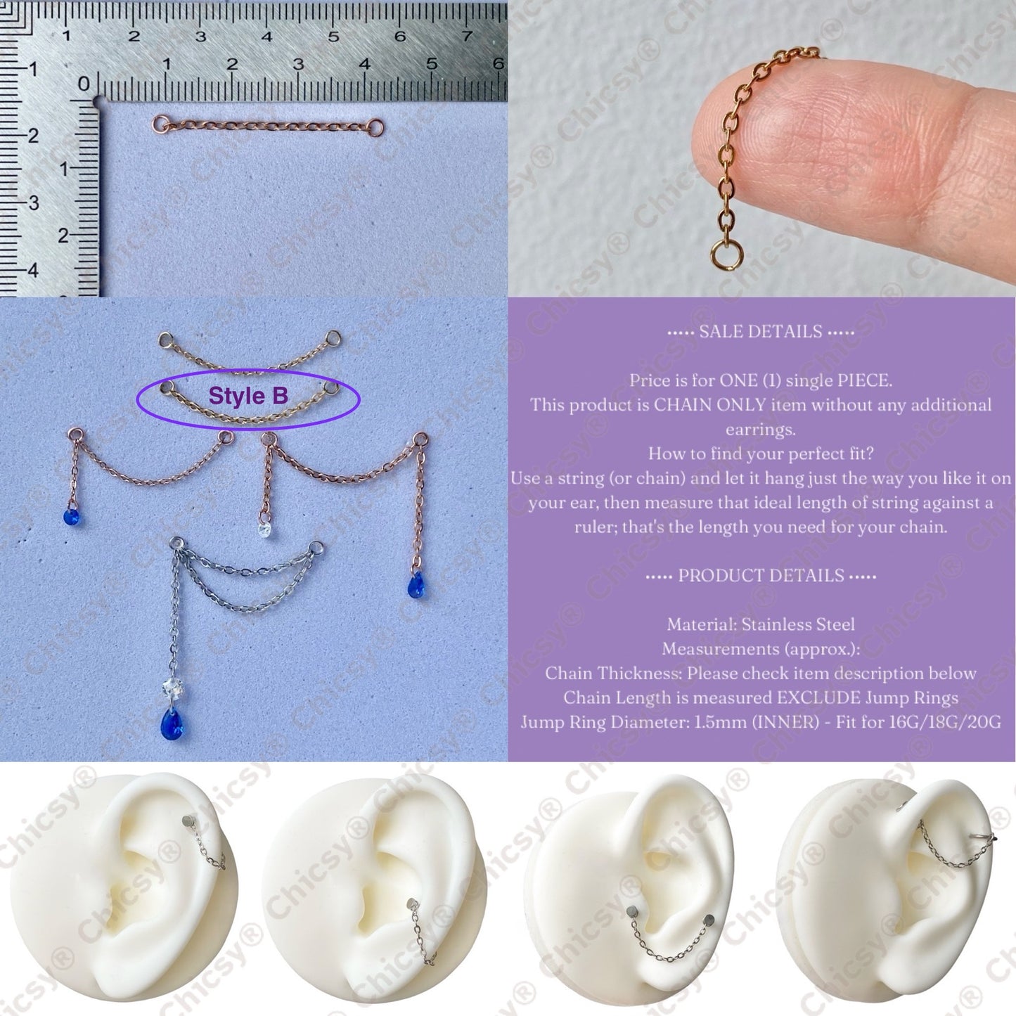 Earring Chain: Single or Double Layer, Optional Dangling Round or Teardrop CZ, White or Blue CZ, Gold or Rose Gold or Steel, Fit 16G 18G 20G