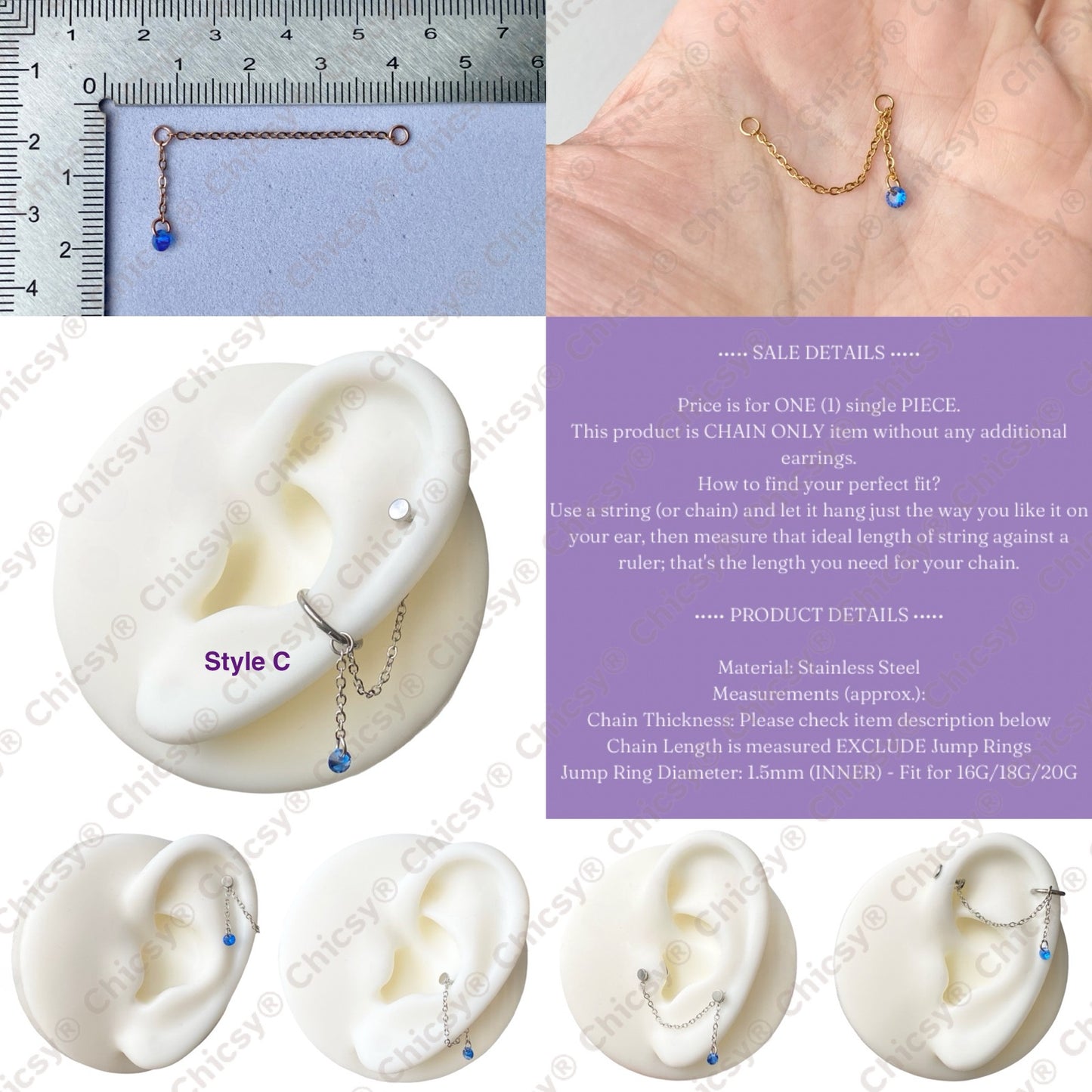 Earring Chain: Single or Double Layer, Optional Dangling Round or Teardrop CZ, White or Blue CZ, Gold or Rose Gold or Steel, Fit 16G 18G 20G