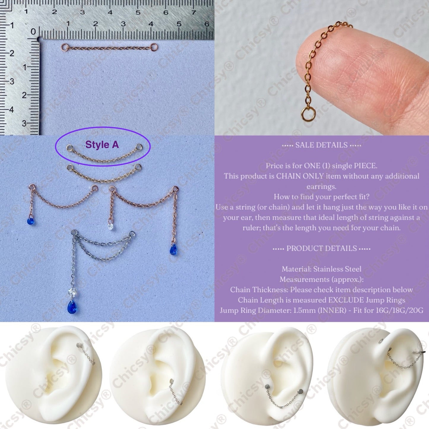 Earring Chain: Single or Double Layer, Optional Dangling Round or Teardrop CZ, White or Blue CZ, Gold or Rose Gold or Steel, Fit 16G 18G 20G