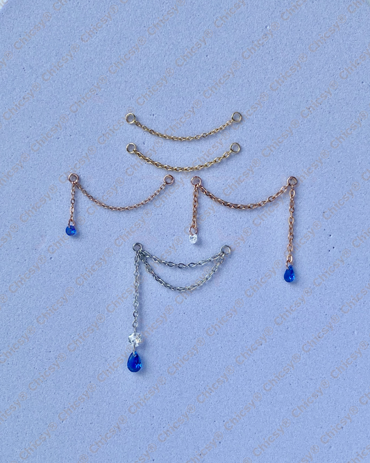 Earring Chain: Single or Double Layer, Optional Dangling Round or Teardrop CZ, White or Blue CZ, Gold or Rose Gold or Steel, Fit 16G 18G 20G